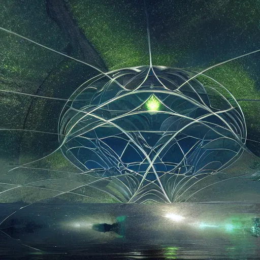 Image similar to alien sacred geometry lush nature photography cryengine render sharp focus geometric by james christensen, john stephens, moebius, victo nagi