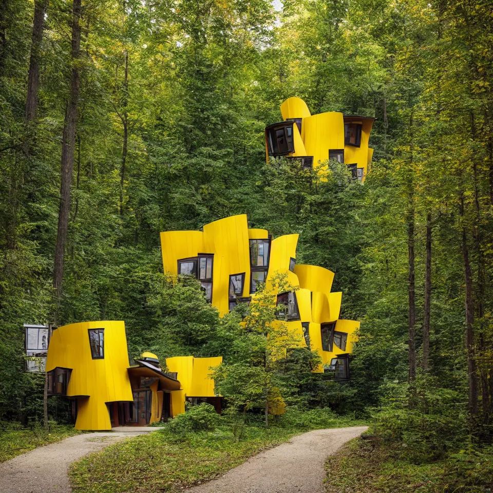 Image similar to a house in a taiga forest, designed by Frank Gehry. Tiles. Gravel pathway with parking. Film grain, cinematic, yellow hue