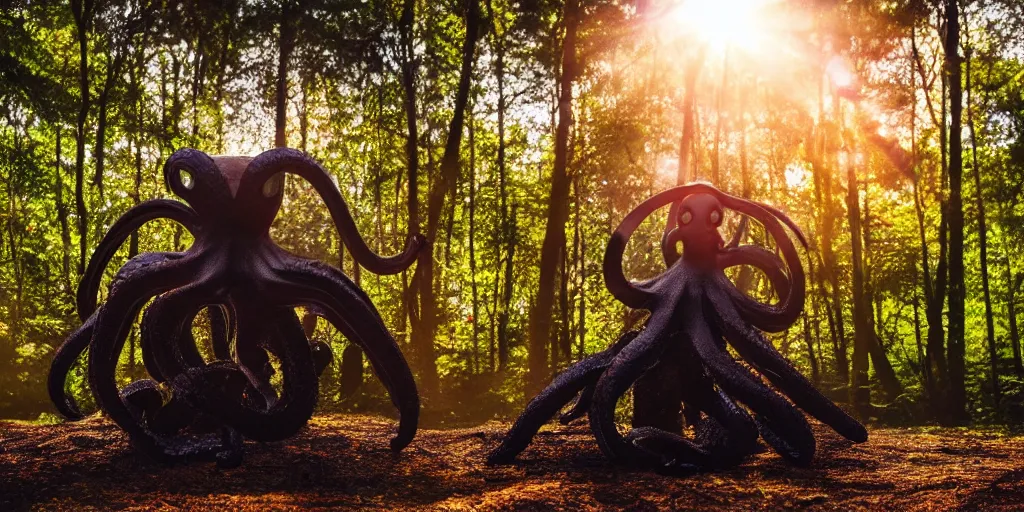 Image similar to a highly detailed giant black octopus god floating in the middle of a forest, beautiful ambient light, sun rays hitting the slightly transparent creature, golden hour, 8k photography