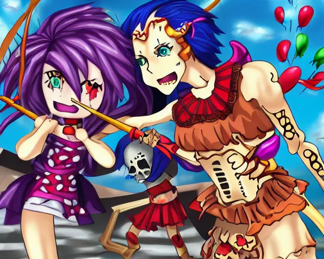 Image similar to anime clown girl warrior fighting a skeleton