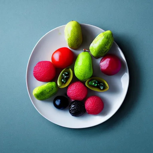 Prompt: alien fruits on a plate, fruits from a different planet, realistic, extraterrestrial