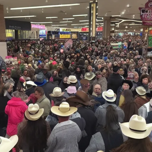 Prompt: local news roadside interview, an 8 foot tall prairie dog human cryptid creature wearing a white cowboy hat standing in the middle of a huge crowd inside a black friday sale in a busy store
