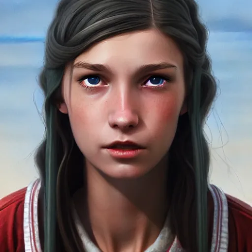 Image similar to portrait of a brunette thin teenager girl with blue eyes in fallout 4, light stubble with red shirt, inside modern school ,digital art,photorealistoc,art by greg rutkowski,hyperdetailed,western comic style,comic,comic style,sharp lineart,professional lighting,deviantart,artstation,trevor henderson,rossdtaws,cinematic,dramatic