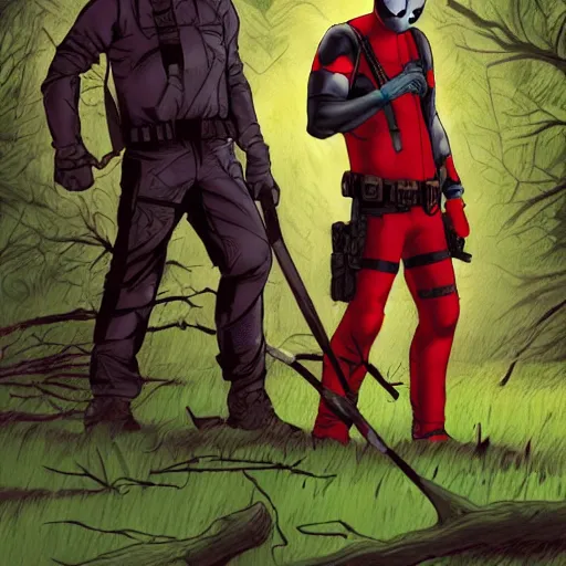 Image similar to jason voorhees and deadpool in the woods 4 k detailed super realistic