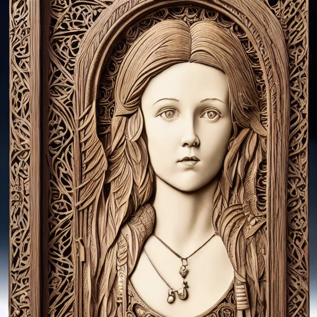Prompt: a 3 d bas - relief wooden art nouveau carved sculpture of a young millie bobby brown or alicia vikander with long hair blowing in the wind, in front of a delicate tracery pattern, intricate and highly detailed, well - lit, ornate, realistic