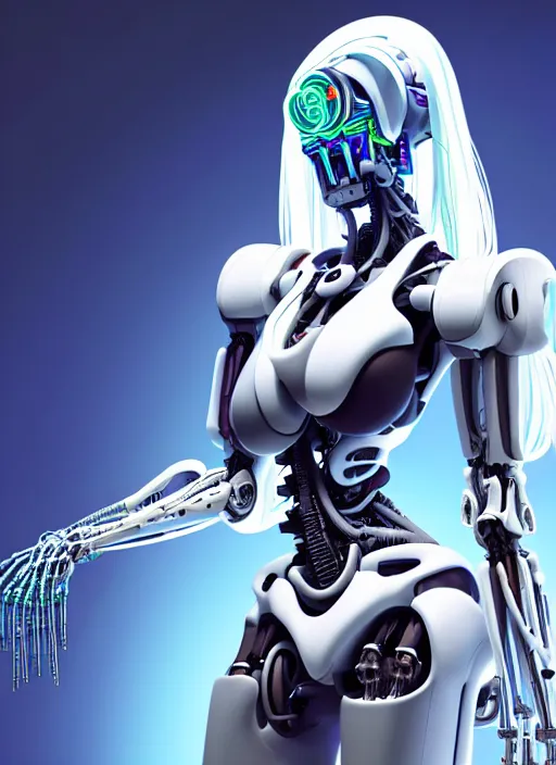 Prompt: a slim woman with long white hair and dark skin in a hyperdetailed MECHA with biomechanical powered exoskeleton inside a white science lab, neon colors