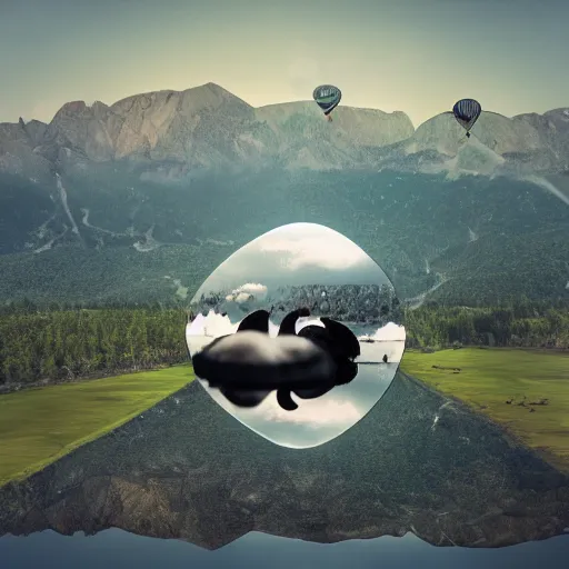 Image similar to realistic extremely detailed photo of a hot air balloon with a picture of two black swans swimming, touching heads, forming a heart with their necks flying above a reflective mountain lake, granular detail, holographic krypton ion, octane render, 4k, f32,55mm photography, wide angle