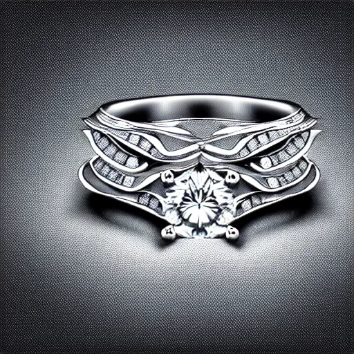 Image similar to photo of a engagement ring with three diamonds, two diamonds outside and one in the middle, photo realistic, hyper detailed, concept art, victorian, multiple angles