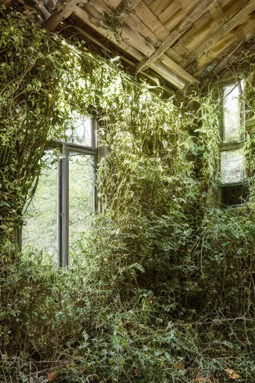 Image similar to specs of flowing light surround and swarm an abandoned overgrown cottage