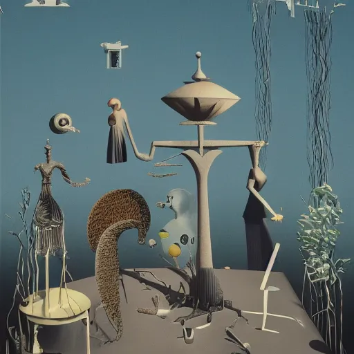 Prompt: grief, surrealist, dada, by mattias adolfsson and max ernst, octane renderer, 8 k, in the aesthetic of leonora carrington and saul bass