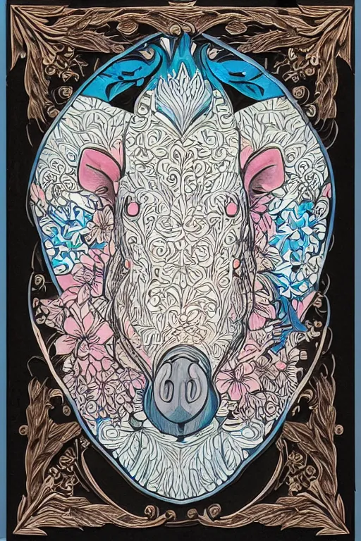 Image similar to Painted dark-wood panel relief carving of a close up of a Flowerpunk Piglet, White and pale blue toned, ornate border frame, explosion of colorful flowers, dark wood, intricately carved, black ink, festival of rich colors, intricate details, cinematic lighting, volumetric lighting, post-processing, art nouveau, tarot, fractal art, mandala, by andreas rocha and john howe, and Martin Johnson Heade, featured on artstation, featured on behance, golden ratio, hyper detailed, photorealistic, epic composition, center spotlight, f32, well composed, symmetrical, UE5, 8k