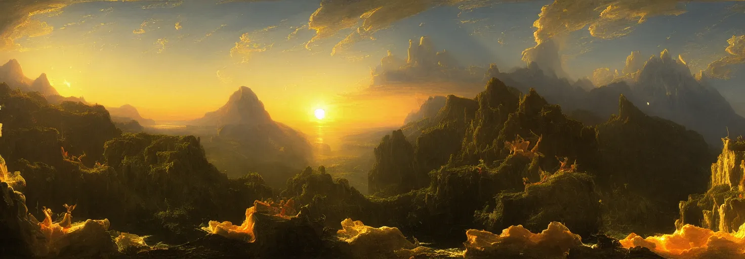 Image similar to a surreal and awe-inspiring thomas cole and albert Bierstadt digital art panoramic landscape painting at sunset of Icarus in a firey tailspin while Daedalus looks on in disbelief, unreal engine, 4k, matte