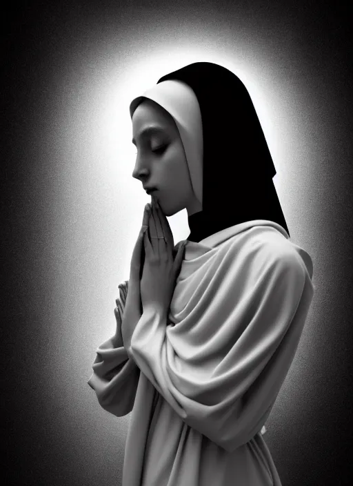 Prompt: surreal mythical dreamy dark artistic black and white fine art fashion portrait photo of a young beautiful delicate female robot - nun praying, spiritual, halo, glory, rim light, cinematic, studio dramatic light, poetic, masterpiece, octane render, 8 k, photo - realistic by gustave dore william bouguereau