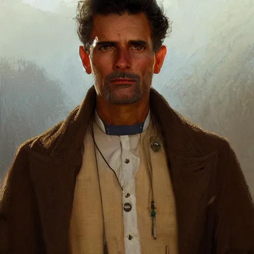 Image similar to clean shaven, tan, middle - aged christian priest with dark hair in wild west, intricate, highly detailed, digital painting, artstation, oppressive lighting, concept art, sharp focus, illustration, art by greg rutkowski and alphonse mucha