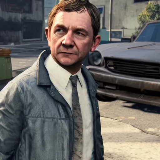 Image similar to martin freeman in gta v, looking confused, a car exploding in the background. unreal engine 4 render 4 k