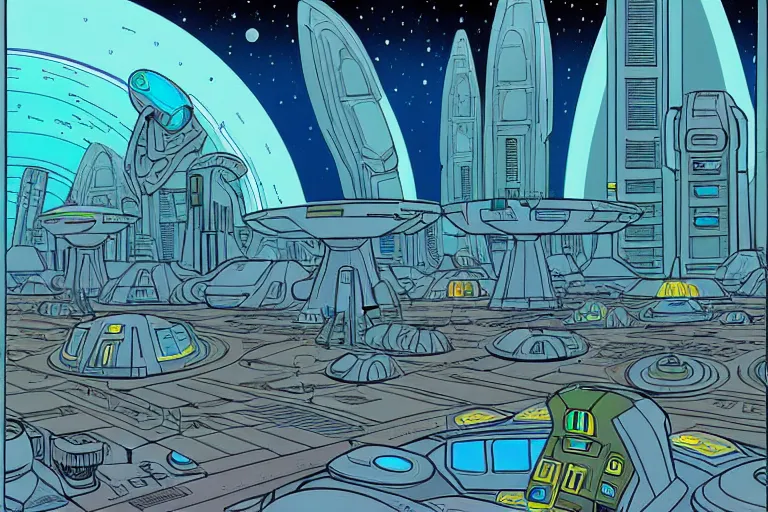 Image similar to a scifi illustration, Galactic City on Coruscant. flat colors, limited palette, heavy line work in FANTASTIC PLANET La planète sauvage animation by René Laloux