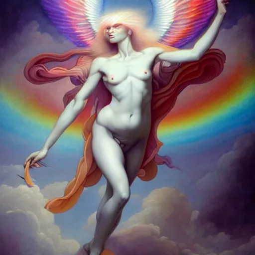 Prompt: psychedelic angelic celestial being artwork of peter mohrbacher, by henry fuseli, ayahuasca, energy body, sacred geometry, esoteric art, rainbow colors, divinity