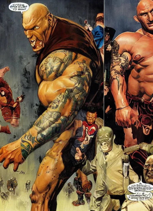 Prompt: full body and head portrait of martyn ford wearing a trench coat vs dave bautista as juggernaut, painted by norman rockwell and phil hale and greg staples and tom lovell and frank schoonover and jack kirby