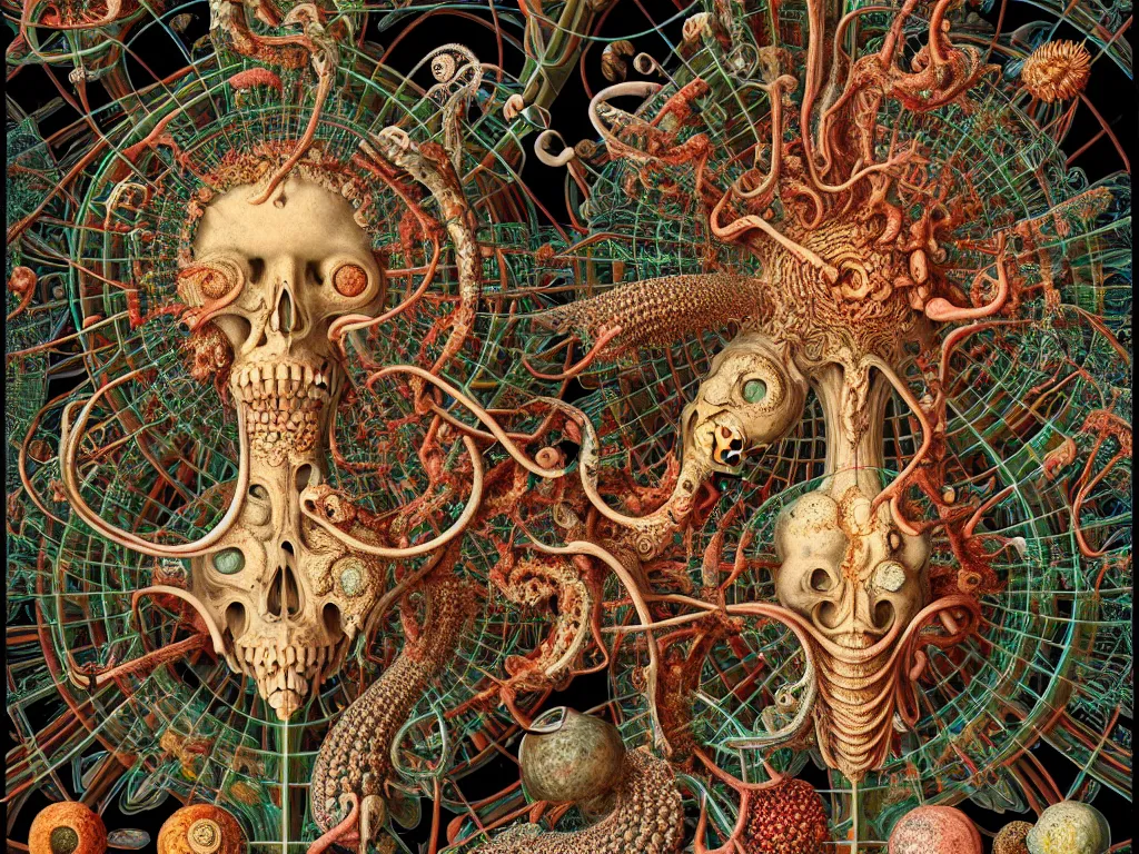 Image similar to humans eating youself in ancient city art by ernst haeckel, fractal, hypermaximalism unreal render engine 8 k