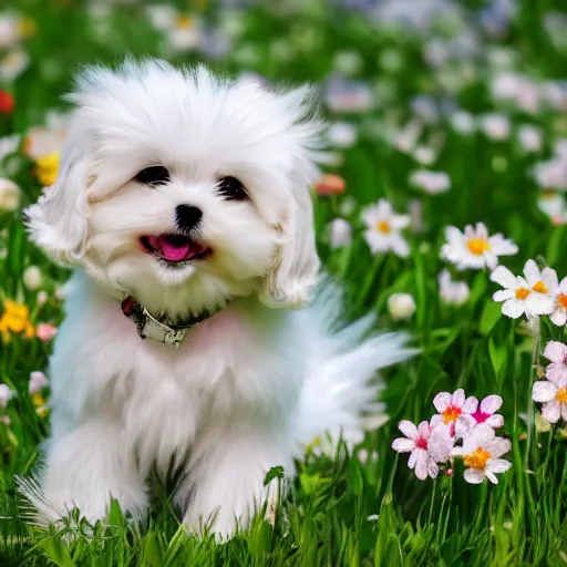 Image similar to cute fluffy maltese puppy sitting in a field of spring flowers detailed painting 4 k