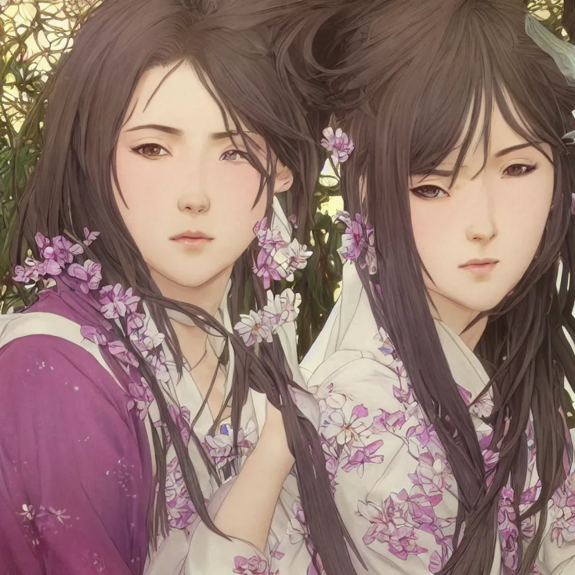 Image similar to portrait of a girl, sakura tree in background, yukata clothing, battlefield in background, anime style, short hair, hair down, symmetrical facial features, realistic hands, hyper realistic, 4 k, extreme detail, detailed drawing, trending artstation, realistic lighting, by alphonse mucha, greg rutkowski, sharp focus, backlit