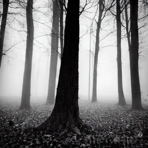 Image similar to a foggy white and black old photograph of a witch floating in the middle of wood, trees, dark, scary, detailed, fog, mist, blair witch project style