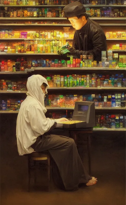 Image similar to the grime reaper working the cash register at the local walmart by cheol joo lee and delphin enjolras and daniel f. gerhartz