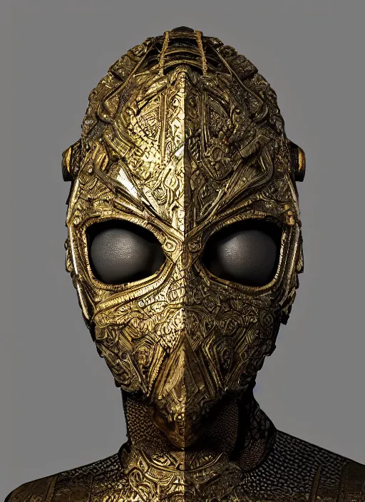 Image similar to armoured facemask, with intricate carving details in black and gold, ultra realistic, octane render, 8 k, hd, realistic lighting