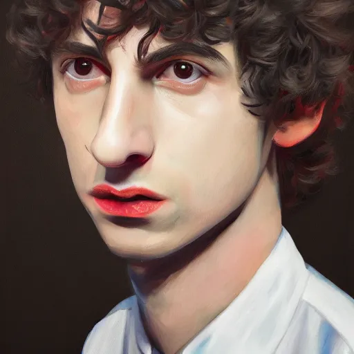 Image similar to a portrait of finn wolfhard as a drone, red, oil painting, pale colors, high detail, 8 k, wide angle, trending on artstation,