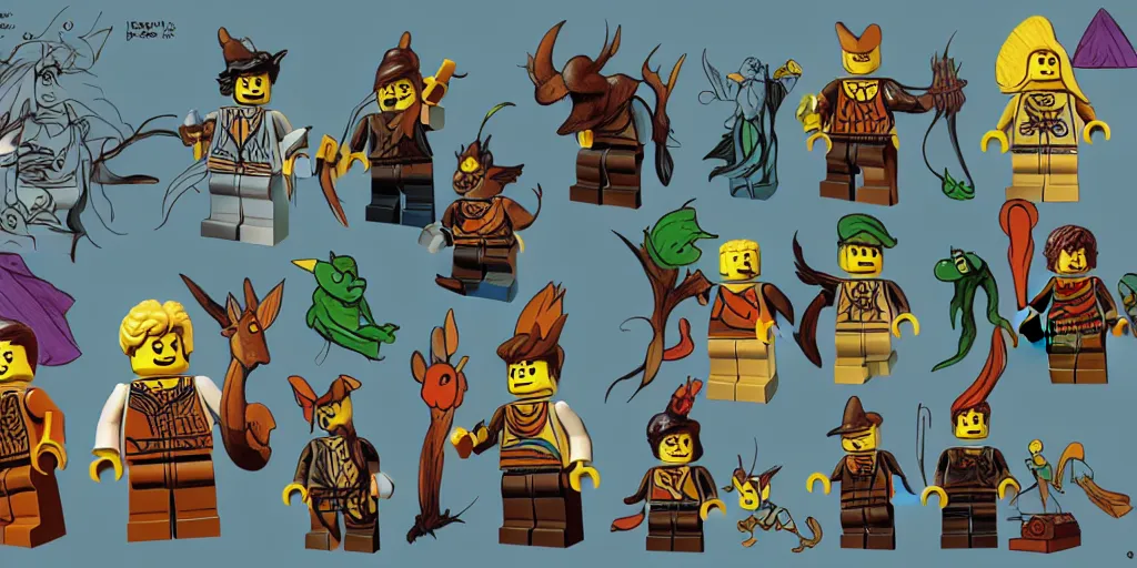 Image similar to characters from the magical lego imagination forest, sharp focus, moebius, character sheet, game concept art, brush work