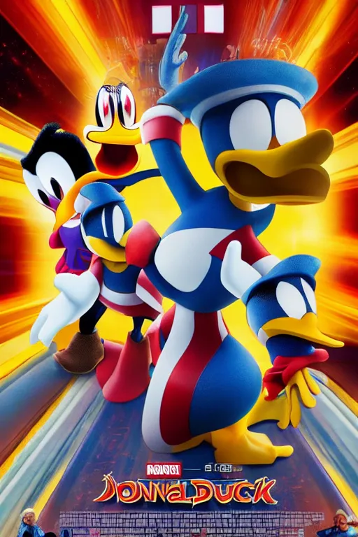 Prompt: donald duck starring in marvel end game, movie poster, cinematic, uncluttered