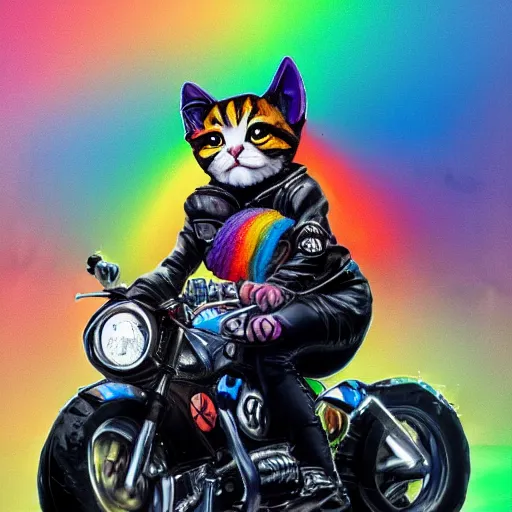 Image similar to wide angle full body, jacket wearing fluffy cute rainbow kitten wearing a black leather motorcycle jacket, riding on a motorcycle, cinematic concept art