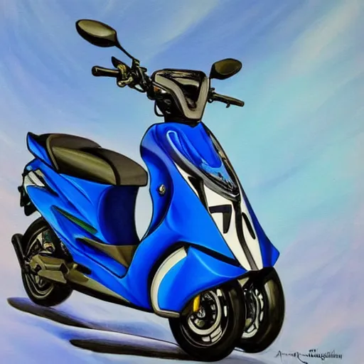 Image similar to painting of tuned blue yamaha aerox 7 5 ccm, race style, custom scooter, in the style of artgerm