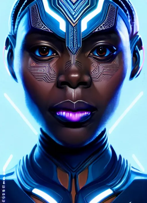 Prompt: portrait of female wakanda humanoid, very intricate, elegant, cyber neon lights, highly detailed, digital illustration, trending in artstation, trending in pinterest, glamor pose, concept art, smooth, sharp focus, art by artgerm and greg rutkowski