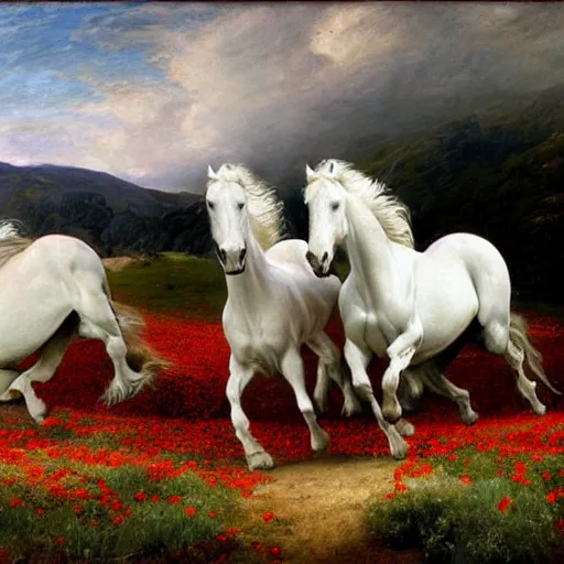 Prompt: ultra wide angle landscape portrait :: six muscular photorealistic white horses run wildly in the wind across a vast field of poppies at twilight :: styles by John Frederick Herring, Susan Crawford, Rosa Bonheur, Jacques-Louis David, and John Collier