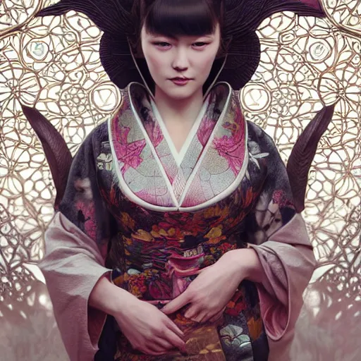 Image similar to a photorealistic dramatic fantasy render of a beautiful woman wearing a beautiful intricately detailed japanese rabbit kitsune mask and clasical japanese kimono by wlop, artgerm, greg rutkowski, alphonse mucha, beautiful dynamic dramatic dark moody lighting, shadows, cinematic atmosphere, artstation, concept design art, octane render, 8 k