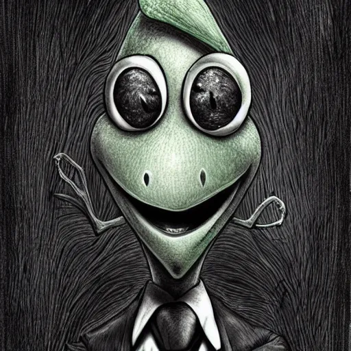 Prompt: michael karcz grunge cartoon drawing of kermit the frog. , in the style of corpse bride, loony toons style, horror themed, detailed, elegant, intricate