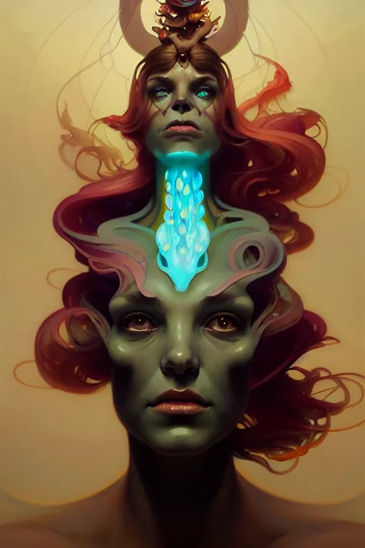 Image similar to portrait, bioluminescent creature, elegant baroque, asymmetrical art, hyperrealism, colorful, vivid, imposing, epic, digital painting, artstation, concept art, by peter mohrbacher and wlop and rhads and artgerm and magali villeneuve and alphonse mucha