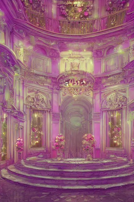 Image similar to Baroque style building full of roses, soft pastel neon lighting, highly detailed, photo realistic, volumetric lighting, cinematic