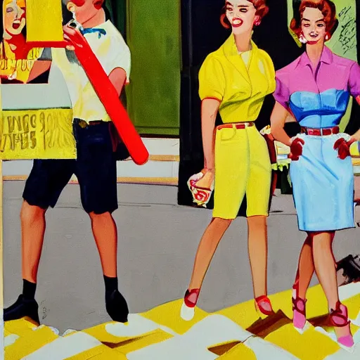 Image similar to a painting of three teenagers with rockabilly haircuts holding yellow popsicles and looking at women in the streets in the 1 9 5 0 s high details