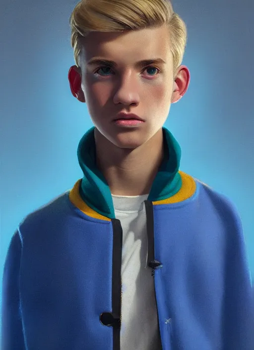 Image similar to portrait of a teenage boy named moose mason, blonde short hair, jock, beefy, square jaw, square facial structure, 1 9 5 0 s, blue varsity jacket, intricate, elegant, glowing lights, highly detailed, digital painting, artstation, concept art, smooth, sharp focus, illustration, art by wlop, mars ravelo and greg rutkowski