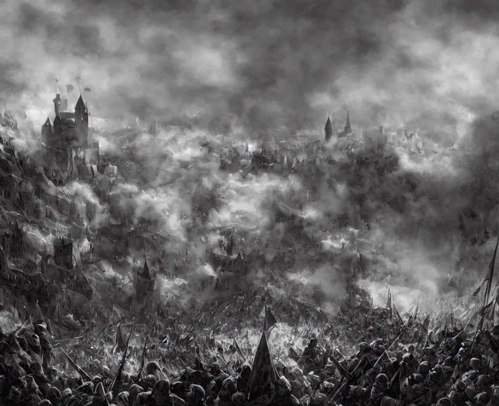 Image similar to Siege of a medieval castle in winter while two great armies face each other fighting below with banners and flags, catapults throw stones at the castle destroying its stone walls, heavy snow storm, fantasy, medieval, fire and explosions and grey smoke here and there, a huge dragon half covered by clouds of smoke and fog is lightly seen flying in the sky and throwing fire through its jaws, trending on Artstation, detailed oil on canvas painting by Rossdraws and Raoul Vitale