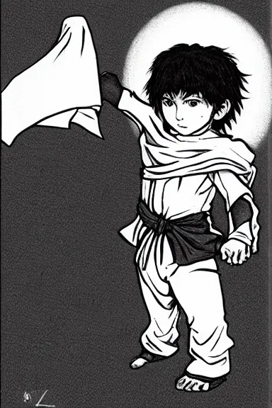 Prompt: attractive little boy wearing an ninja suit, black and white artwork made by kentaro miura