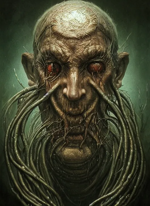 Image similar to portrait of a old underwater fish man hybrid with long wet tattered tangles of thinning black hair, eerie glowing eyes, wall hanging trophy taxidermy, hyper realistic head, fantasy art, in the style of greg rutkowski, zdizslaw beksinski, intricate, alphonse mucha, hyper detailed, smooth