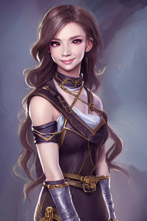 Prompt: a full body portrait of a gorgeous female ranger, arms crossed, looking at camera, D&D, choker on neck, stylish dress, very long flowing hair, intricate, elegant, stylish, cute slightly nerdy smile, mouth slightly open, fantasy, extremely detailed, digital painting, artstation, concept art, smooth, sharp focus, illustration, stunning lighting, art by artgerm and greg rutkowski and alphonse mucha and simon stalenhag