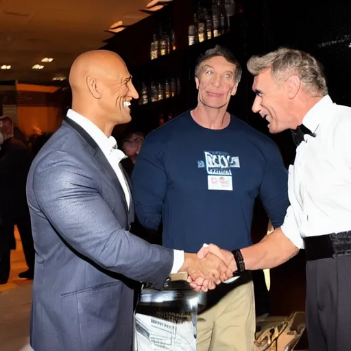 Prompt: dwayne the rock johnson shaking hands with bill nye the science guy