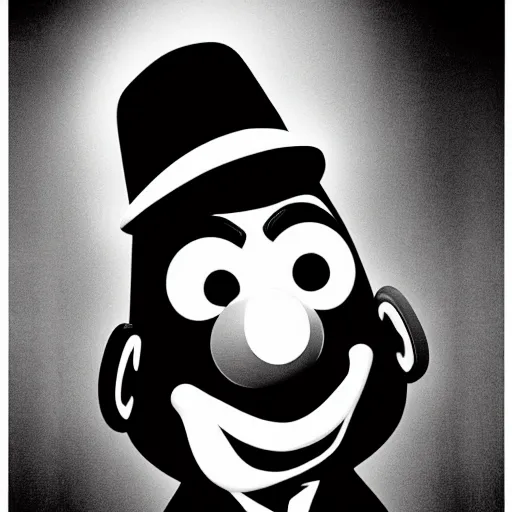 Image similar to Mr Potato Head as a drug dealer, dramatic, sharp focus, intense detail, noir, cinematic