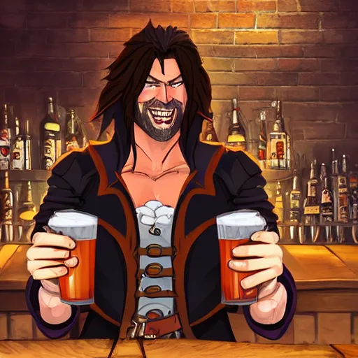 Prompt: Professional painting of Trevor Belmont from Castlevania, enjoying a pint of ale at a tavern, digital art, HDR, happily smiling at the camera, holding the pint of ale, sitting at the bar, warm lantern lighting.