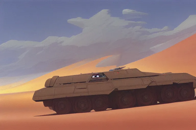 Image similar to a futuristic troop transport with eight wheels and a huge laser cannon on top driving across a vast desert, painting by ralph mcquarrie