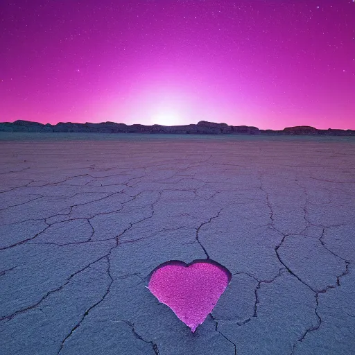 Prompt: pink flow heart crack in the desert at night, 8 k